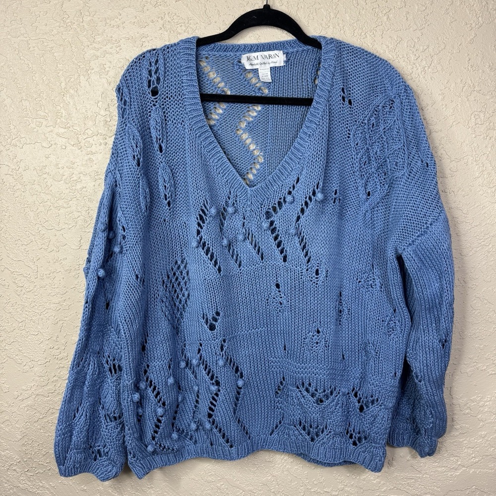 VTG Handmade Open Knit Sweater Women's One Size Blue‎ Oversized Coastal Cottage